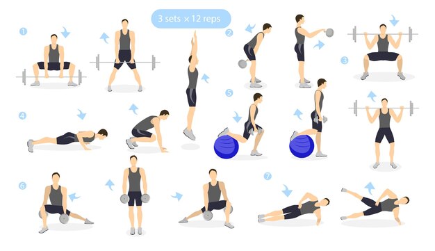Entrenamiento de piernas en fondo blanco Hombre mostrando ejercicios Cardio y pesas