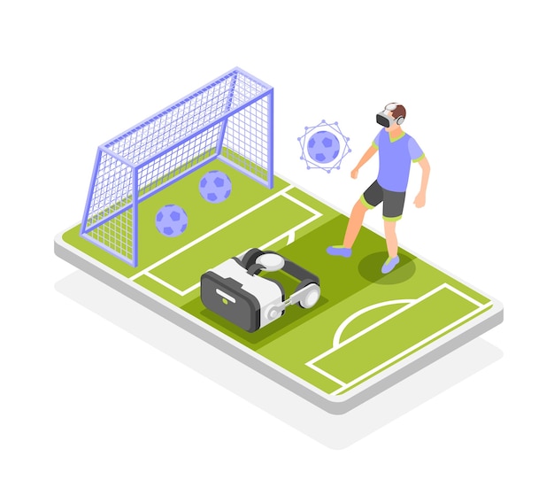 Vector gratuito entrenamientos deportivos de realidad virtual, composición coloreada e isométrica, el hombre juega con una pelota de fútbol virtual en la ilustración de vector de campo