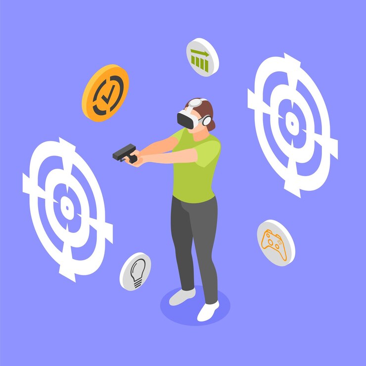 Vector gratuito entrenamientos deportivos vr fondo de color isométrico con objetivos abstractos colgando en el aire alrededor del tirador usando gafas de realidad virtual ilustración vectorial