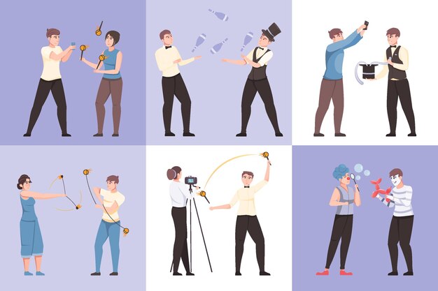 Entretenimiento muestra seis composiciones cuadradas con artista mago payaso malabarista y espectáculo de fuego personajes intérpretes aislados ilustración