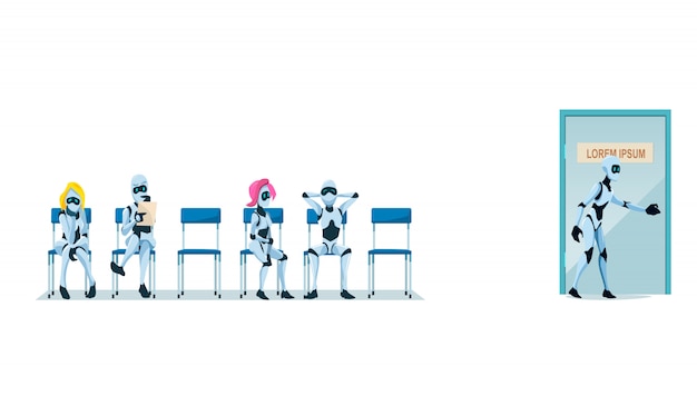 Entrevista de trabajo de reclutamiento y robots. Vector.