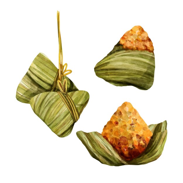 Envolviendo la acuarela zongzi de un barco dragón