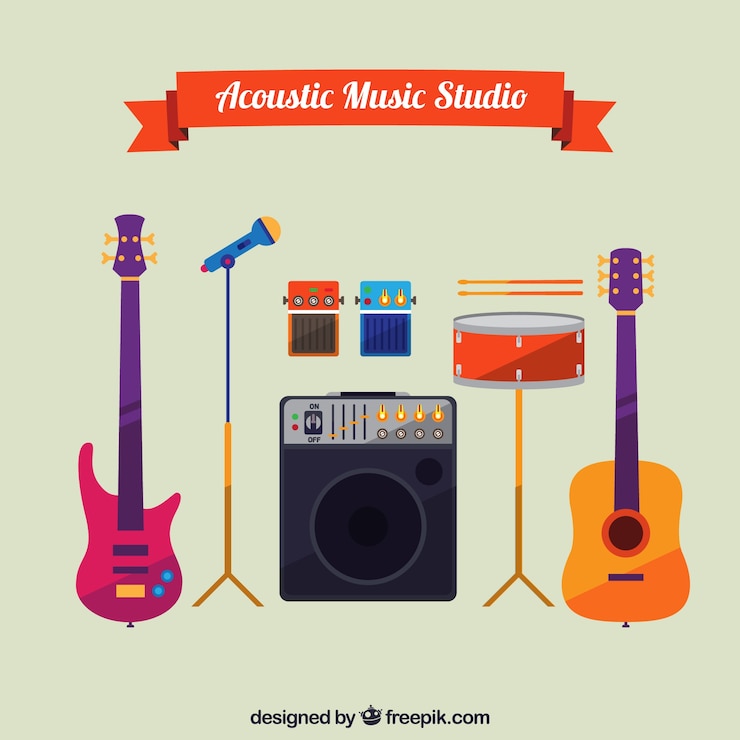 Vector gratuito equipamiento acústico de música en estilo plano
