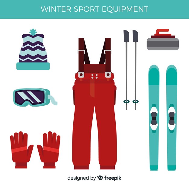 Equipamiento de deporte de invierno en diseño plano