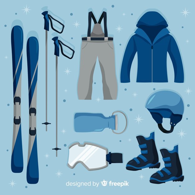 Equipamiento de deporte de invierno en diseño plano