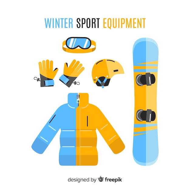 Equipamiento de deporte de invierno en diseño plano