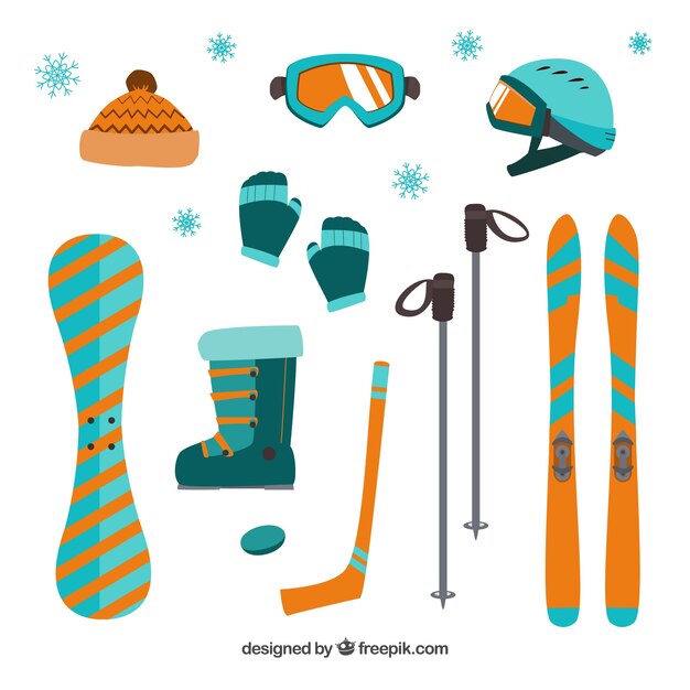 Equipamiento para deportes de invierno en diseño plano