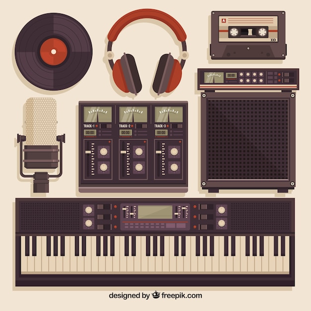 Vector gratuito equipamiento de estudio de música en estilo vintage