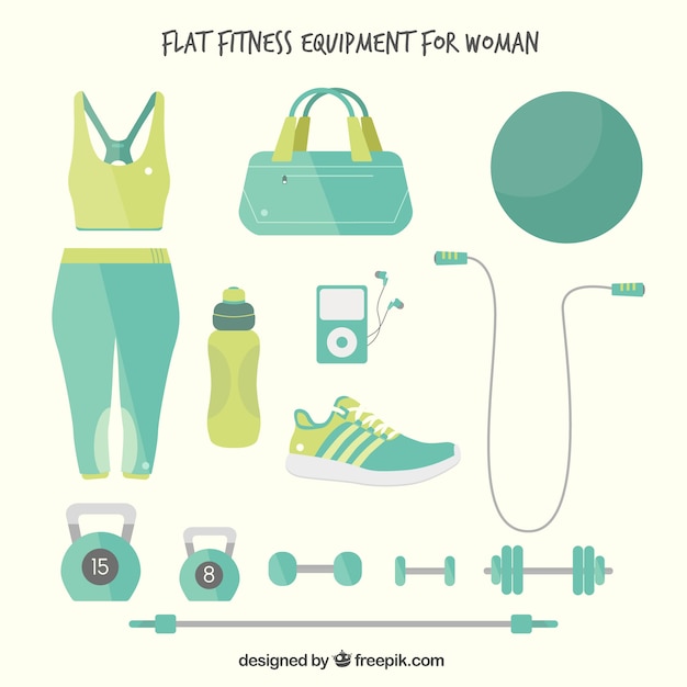 Vector gratuito equipamiento de fitness plano para mujer dibujado a mano