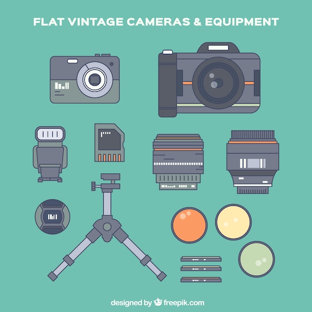 Vector gratuito equipamiento de fotografía y accesorios en diseño plano