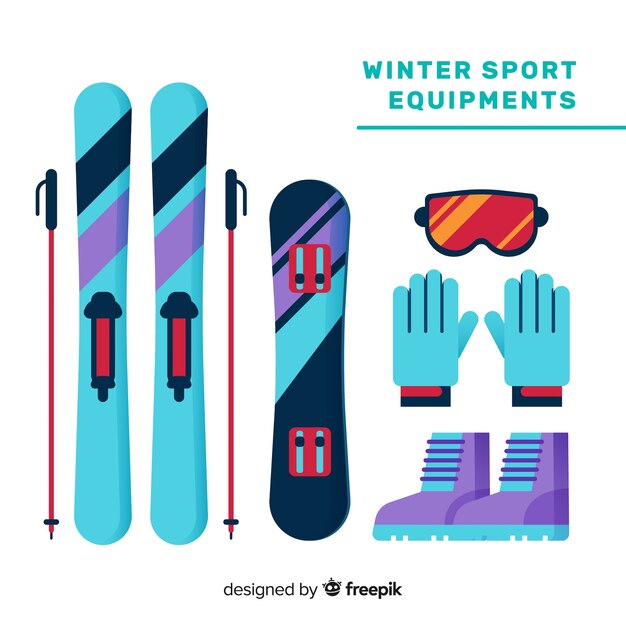 Equipamiento moderno de deportes de invierno con diseño plano