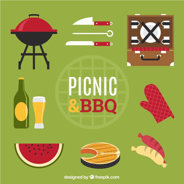 Equipamiento de picnic y barbacoa en diseño plano