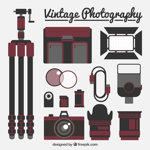 Equipamiento plano vintage de fotografía 