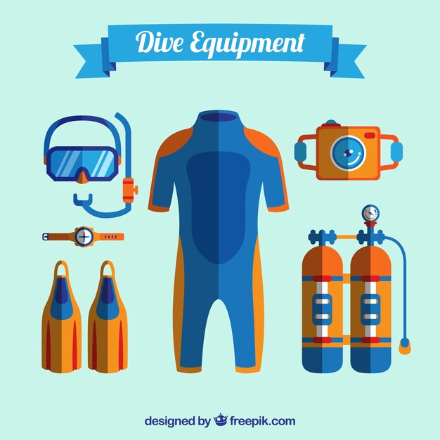 Equipamiento de submarinismo en diseño plano