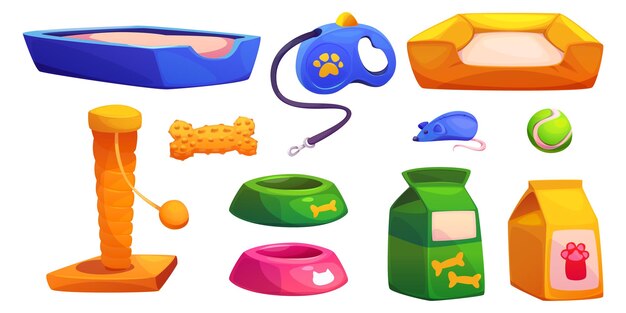 Equipo y accesorios de tiendas de mascotas, inodoros y camas suaves, bolsas de comida y cuencos para alimentar perros y gatos, rascadores de gatos y juguetes, conjunto de vectores de dibujos animados de suministros y artículos para el cuidado de animales domésticos.