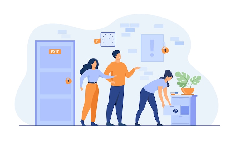 Vector gratuito equipo de amigos que buscan la llave, buscan un tesoro o salen de la sala de misiones con cerraduras.
