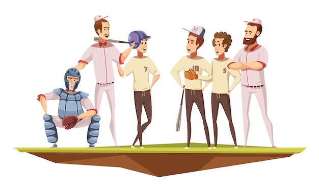 Vector gratuito equipo de béisbol de adolescentes varones en la discusión de entrenamiento uniforme con el entrenador en la ilustración de vector de dibujos animados retro de cartel de campo