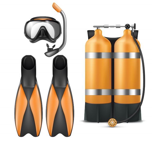 Equipo de buceo realista, máscara de snorkel con snorkel, aguamarina naranja y aletas.