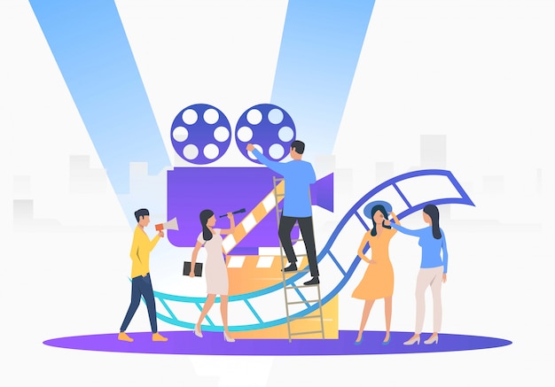 Equipo de camarógrafos preparándose para la película