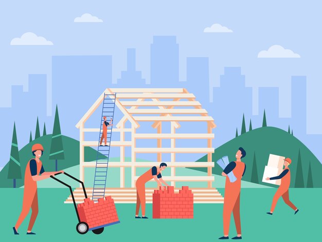 Equipo de carpinteros profesionales edificio casa ilustración vectorial plana. Constructores de dibujos animados con cascos protectores y uniforme trabajando con estructura de madera. Concepto de construcción y trabajo en equipo