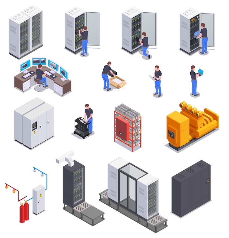 Vector gratuito el equipo del centro de datos y los iconos isométricos coloreados del carácter del administrador del sistema establecen una ilustración vectorial aislada en 3d