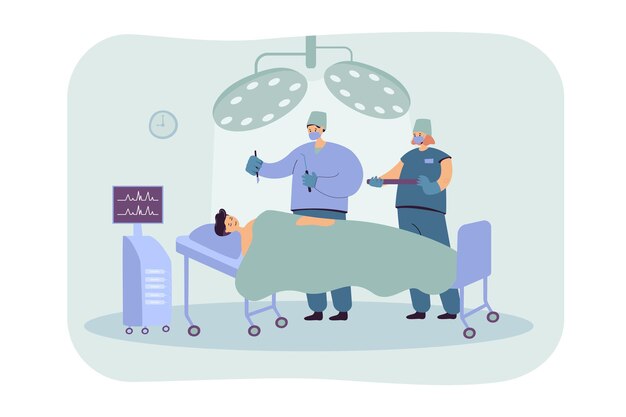 Equipo de cirujanos experimentados que tratan al paciente en la ilustración plana de la mesa de operaciones. Trabajadores médicos de dibujos animados que trabajan en la sala de operaciones