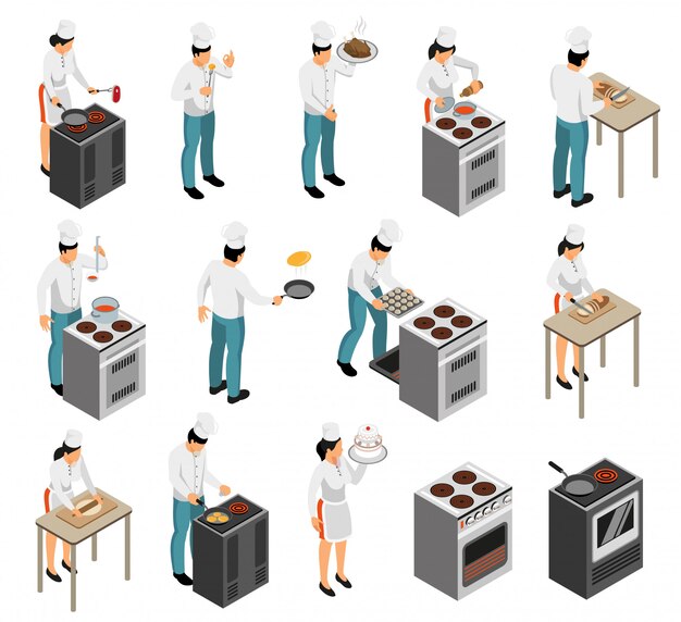 Equipo de cocina profesional equipo cocinero chef preparación de alimentos servicio de camarero conjunto de caracteres isométricos aislado ilustración vectorial