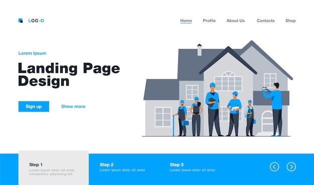 Equipo de constructores posando para la foto frente a la casa. trabajador, casco, cámara ilustración plana. diseño de sitio web de concepto de construcción o arquitectura o página web de aterrizaje