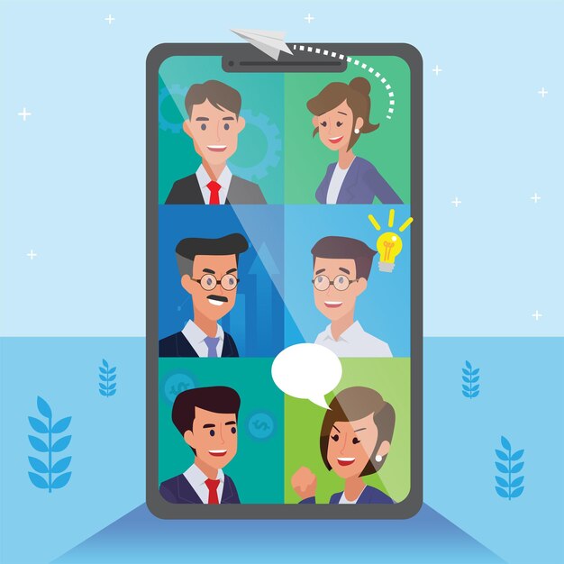 equipo corporativo haciendo reunión de equipo en línea sobre visión y misión, éxito de liderazgo y concepto de progreso profesional, ilustración plana, magnífico equipo de negocios.
