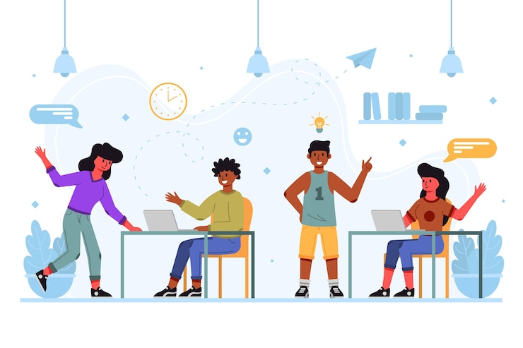 Vector gratuito equipo de coworking en interiores personajes de dibujos animados
