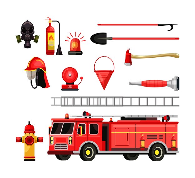 Equipo del departamento de bomberos, camión de bomberos, escalera de acero, máscara de gas, extintor de incendios, hidrante de agua, alarma, sirena, cubo, casco, pico, pala, hacha