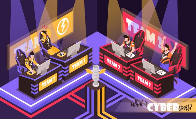 Equipo de deporte cibernético lucha composiciones isométricas con ilustración de jugadores