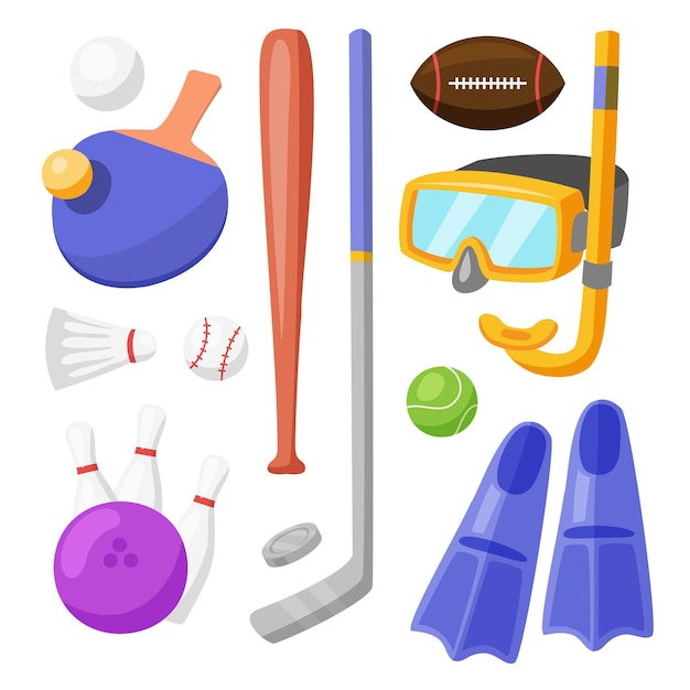 Vector gratuito equipo deportivo concepto deportivo con pelotas y artículos de juego diversos equipos deportivos como golf tenis de mesa bádminton bolos pelota rugby béisbol hockey tenis buceo aletas de esnórquel