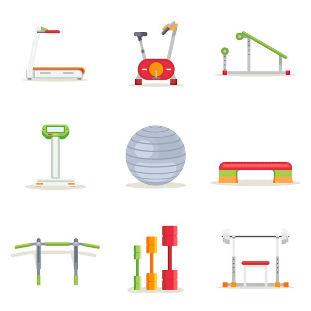 Equipo de ejercicio de gimnasio para entrenamiento en estilo plano. Conjunto de iconos. Cinta de correr y barra, plataforma y barra, correr y bicicleta, ilustración vectorial