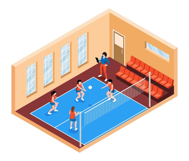 Equipo escolar femenino jugando voleibol en el gimnasio 3d ilustración vectorial isométrica
