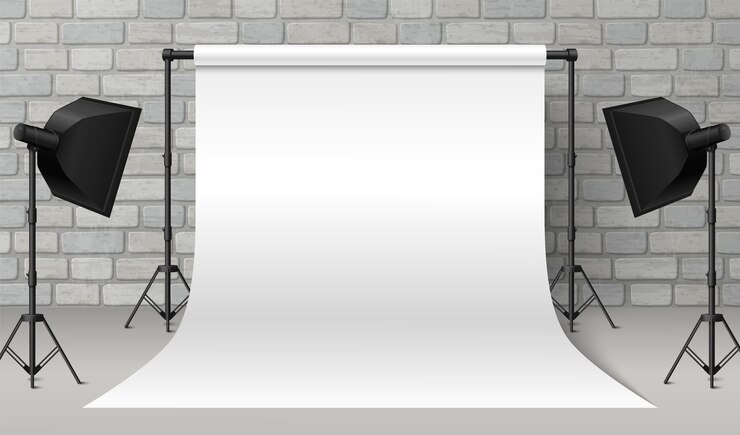 Vector gratuito equipo de estudio fotográfico en el fondo de la pared de ladrillo