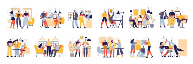 Equipo exitoso conjunto de íconos aislados con elementos interiores de oficina y personajes estilo garabato de compañeros de trabajo ilustración vectorial