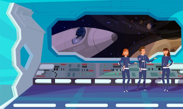Equipo de exploración de galaxias astronautas masculinos y femeninos personajes de dibujos animados Investigadores del cosmos conversación grupal futurista viaje interestelar aventura espacial