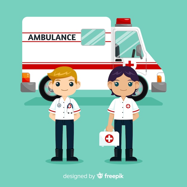 Vector gratuito equipo flat de ambulancia