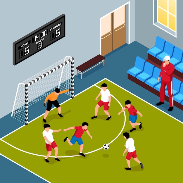 Vector gratuito equipo de fútbol de la escuela durante el partido en el gimnasio 3d ilustración vectorial isométrica