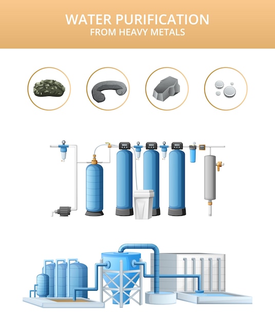 Vector gratuito equipo industrial de dibujos animados para la purificación de agua de metales pesados con sistema de filtración ilustración vectorial aislada