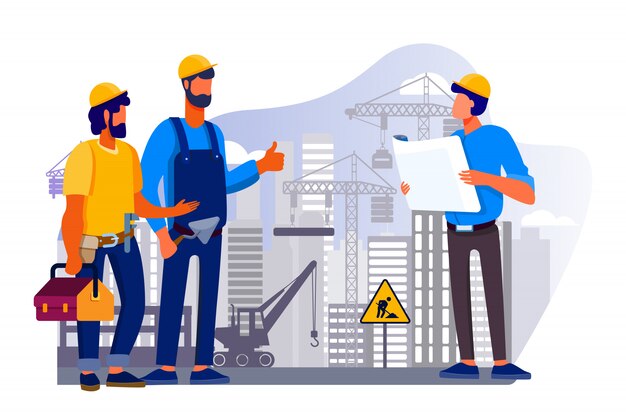 Equipo de ingenieros discutiendo problemas en el sitio de construcción