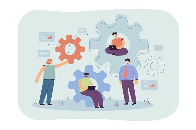 Equipo de ingenieros trabajando juntos en el mecanismo, usando una computadora portátil, hablando, sentados en engranajes, escribiendo códigos. Ilustración de dibujos animados