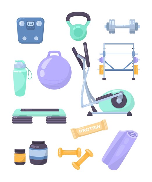 Equipo para el juego de ilustración de dibujos animados de entrenamiento de gimnasio. Pelota aeróbica, mancuernas, pesas rusas, claqué, colchoneta, banda elástica de fitness, botella de agua, aparatos de entrenamiento para hacer ejercicio. concepto de deporte