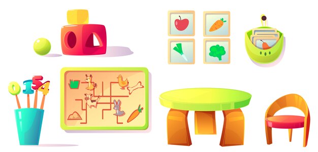 Equipo de kindergarten Montessori, juguetes, materiales.