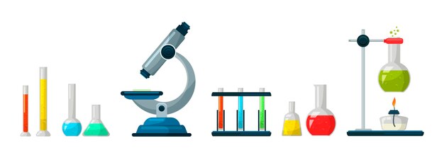 Equipo de laboratorio químico herramientas científicas matraces de microscopio con líquido tóxico sobre fondo blanco Diseño de banner de laboratorio médico y químico de dibujos animados
