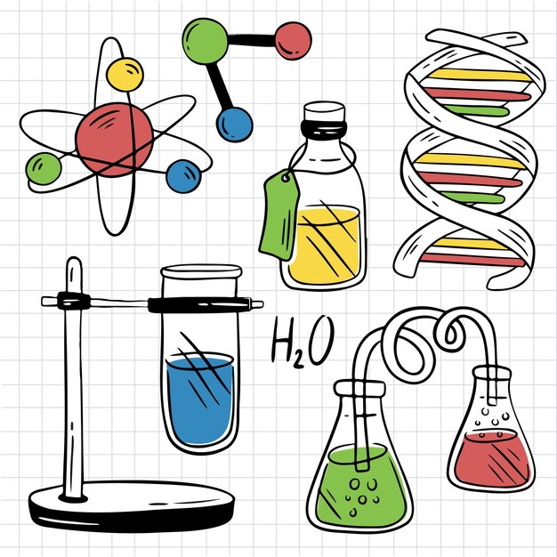 Equipo de laboratorio con tubos de vidrio matraz y otros equipos de medición de laboratorio químico o de medicina estilo de dibujos animados para diseñador gráfico Concepto de educación en ciencias biológicas Ilustración vectorial