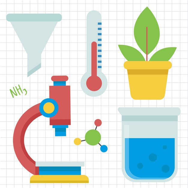 Equipo de laboratorio con vasos de precipitados de matraz de tubos de vidrio y otros equipos de medición de laboratorio químico y de medicina estilo de dibujos animados para diseñador gráfico Ilustración vectorial
