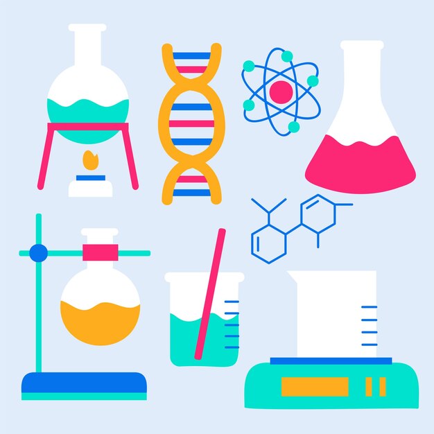 Equipo de laboratorio con vasos de precipitados de matraz de tubos de vidrio y otros equipos de medición de laboratorio químico y de medicina estilo de dibujos animados para diseñador gráfico Ilustración vectorial