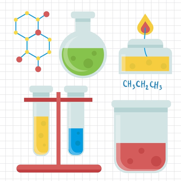 Equipo de laboratorio con vasos de precipitados de matraz de tubos de vidrio y otros equipos de medición de laboratorio químico y de medicina estilo de dibujos animados para diseñador gráfico Ilustración vectorial